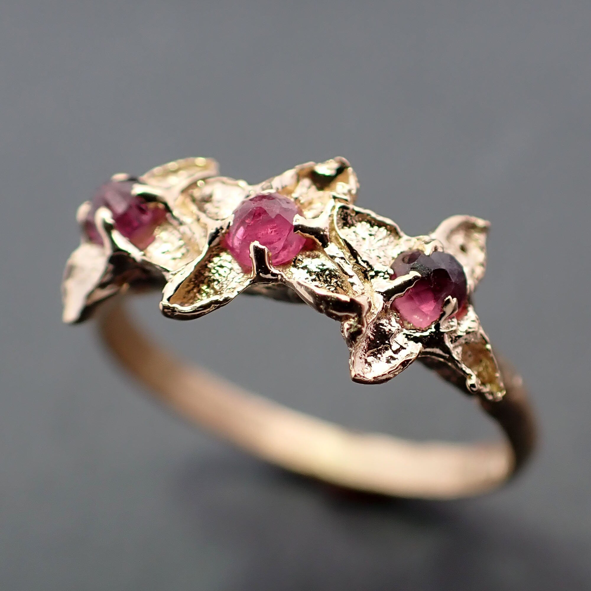 Real Lilac Flower casting with faceted Rubies 14k Yellow gold multi stone Enchanted Garden Floral Ring byAngeline 3375