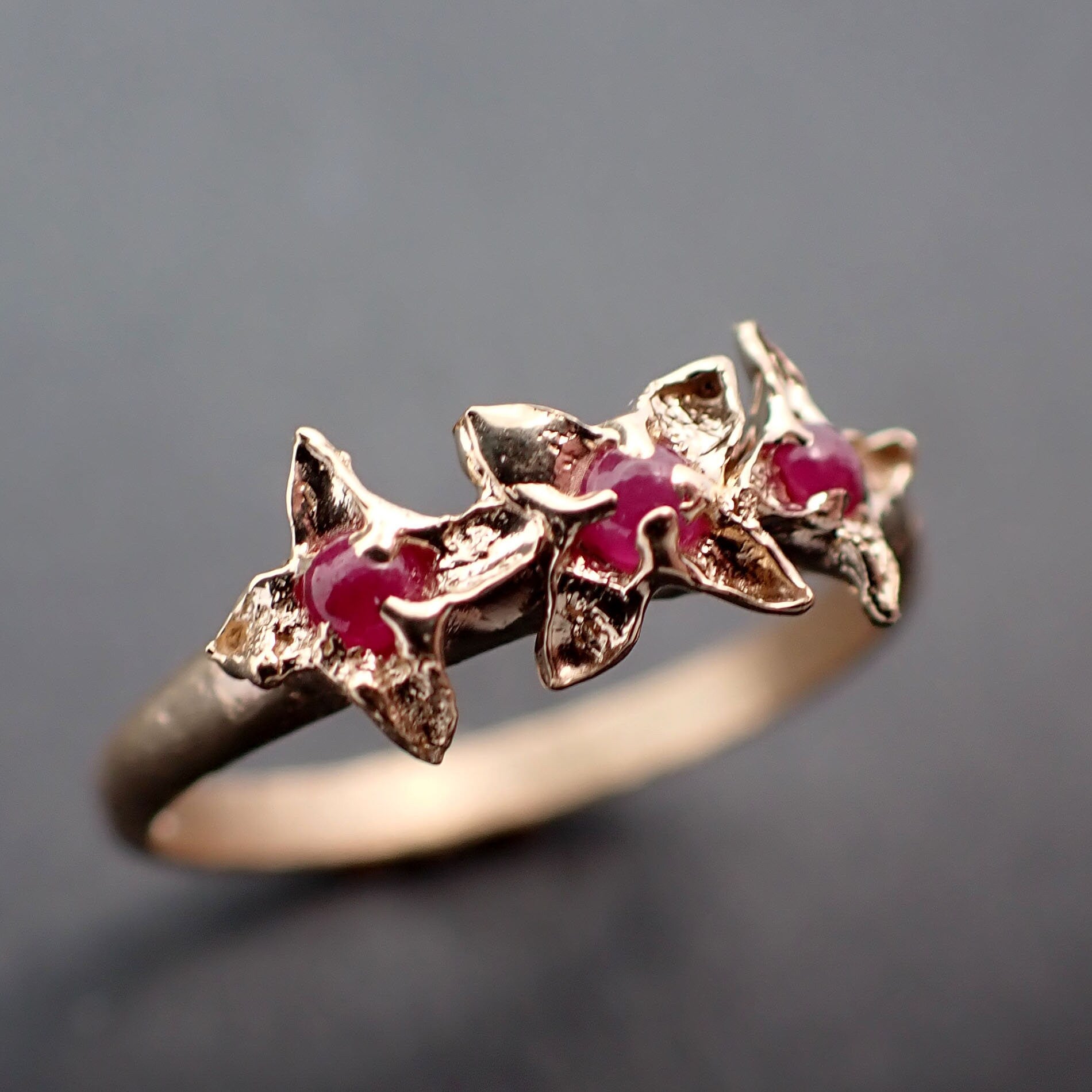 Real Lilac Flower casting with faceted Rubies 14k Yellow gold multi stone Enchanted Garden Floral Ring byAngeline 3376