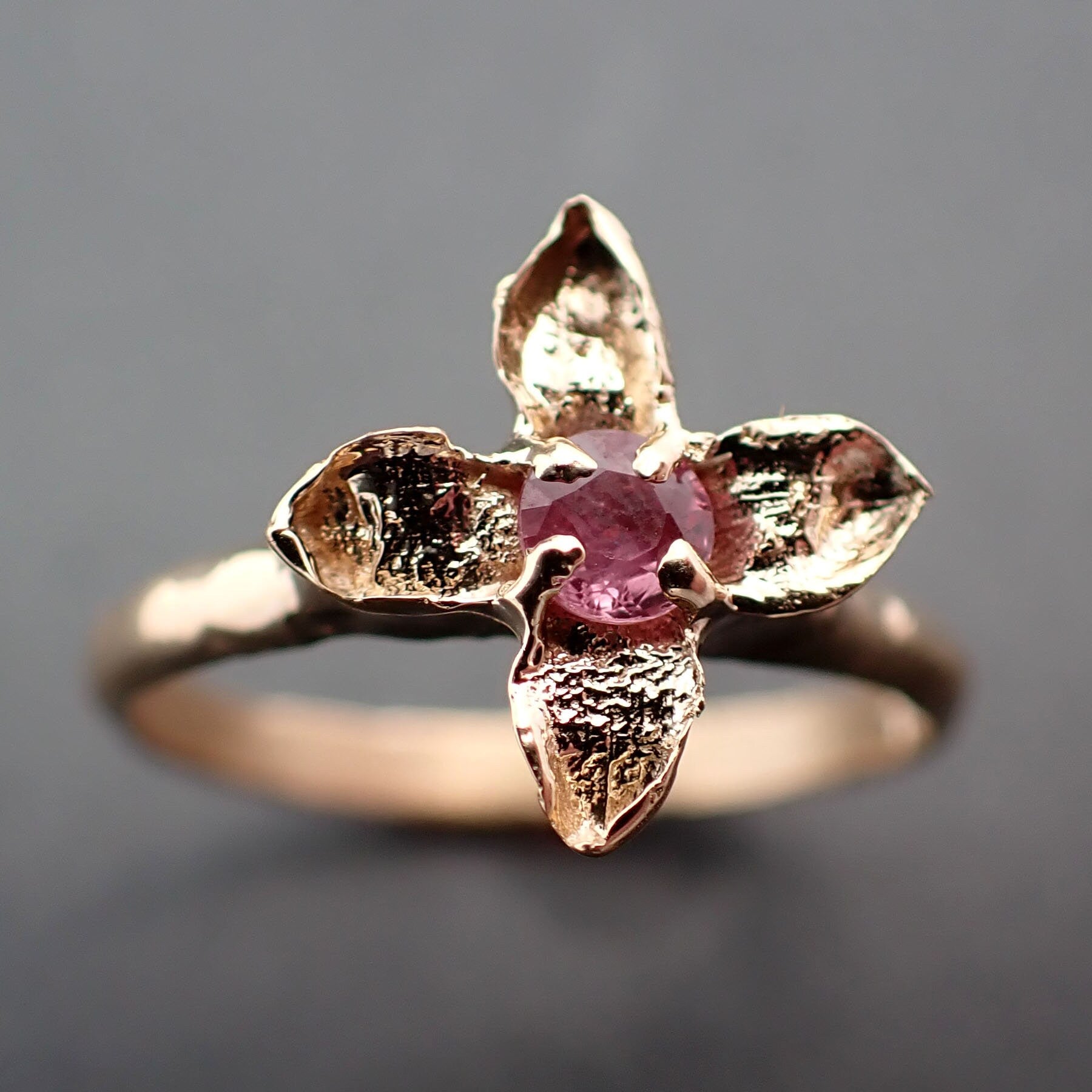Real Lilac Flower casting with faceted Rubies 14k Yellow gold Solitaire Enchanted Garden Floral Ring byAngeline 3377
