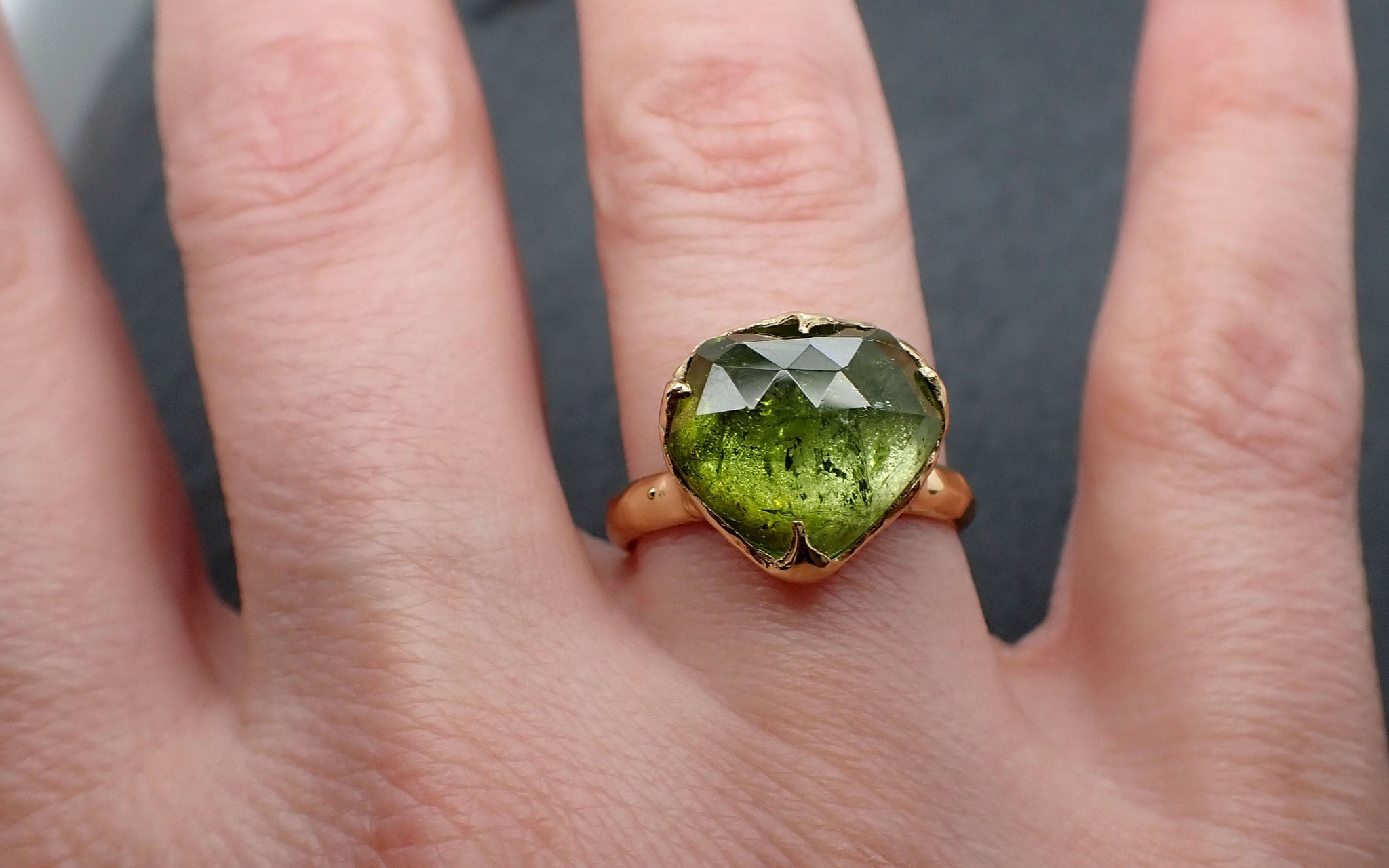 Green Tourmaline Yellow 18k Gold Ring Gemstone Solitaire Fancy cut recycled statement / cocktail 3359