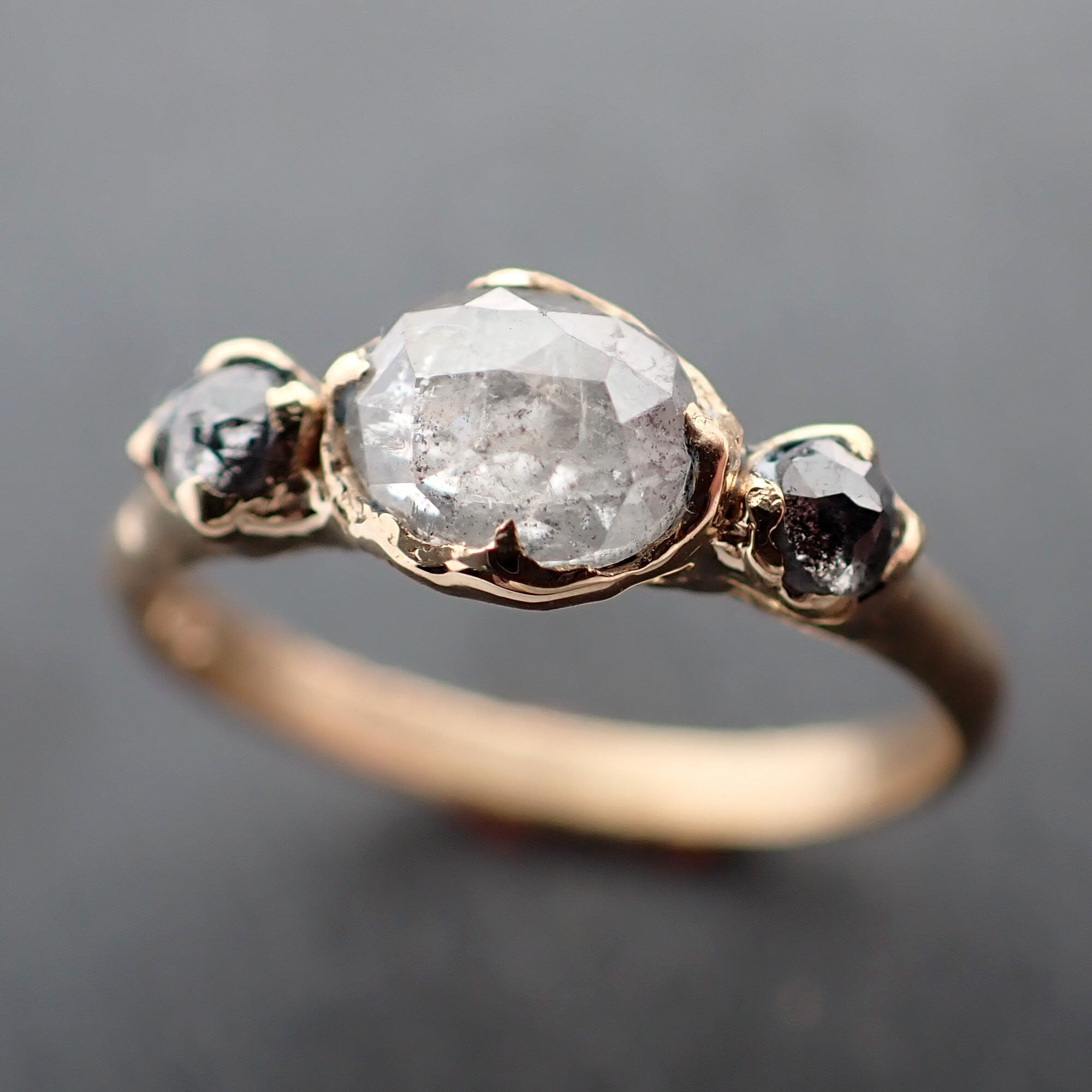 Fancy cut Salt and Pepper Diamond Engagement 18k Yellow Gold Multi stone Wedding Ring Stacking Rough Diamond Ring byAngeline 3372