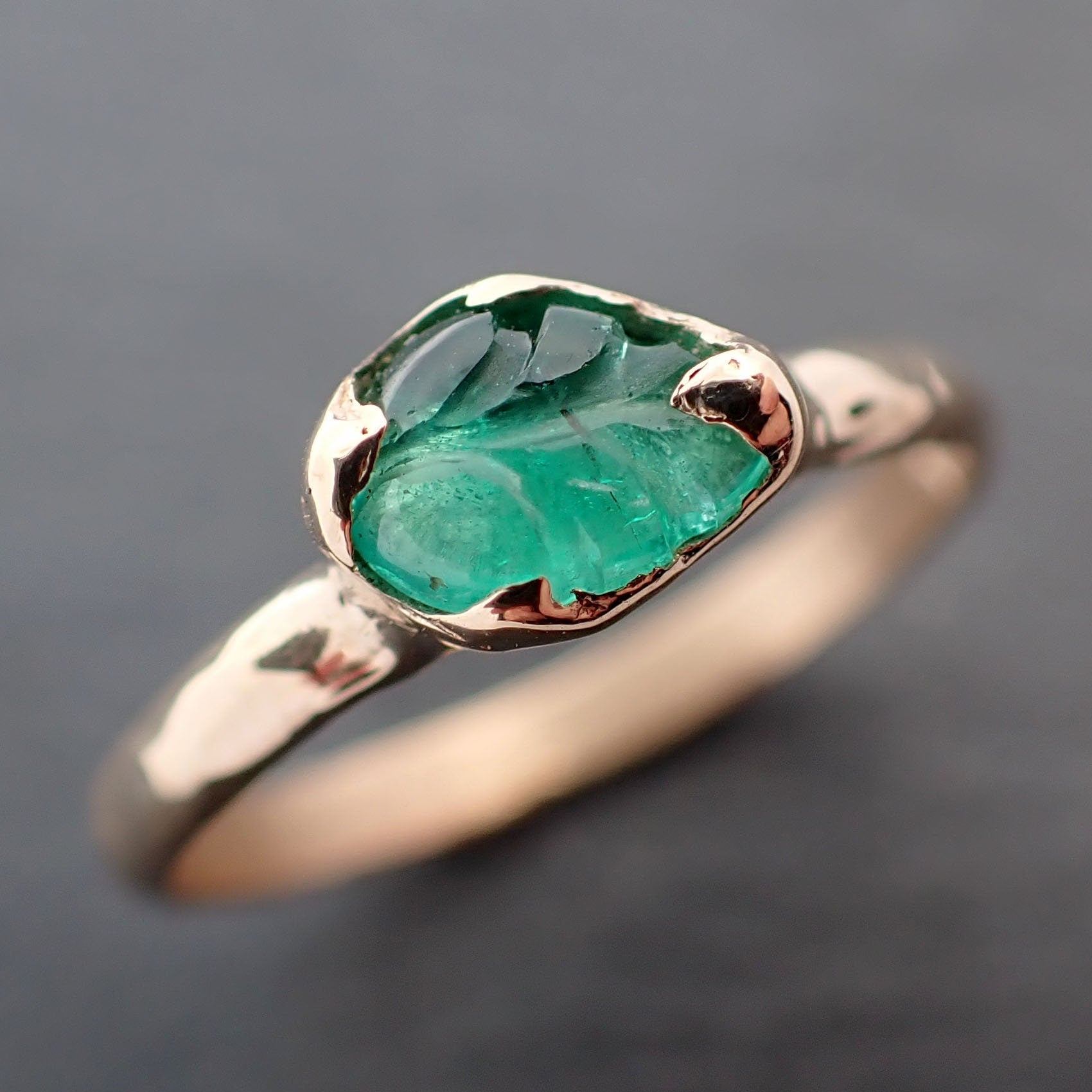 Carved Leaf Emerald Solitaire yellow 14k Gold Ring Birthstone One Of a Kind Gemstone Ring Recycled 3383