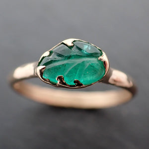 Carved Leaf Emerald Solitaire yellow 14k Gold Ring Birthstone One Of a Kind Gemstone Ring Recycled 3384