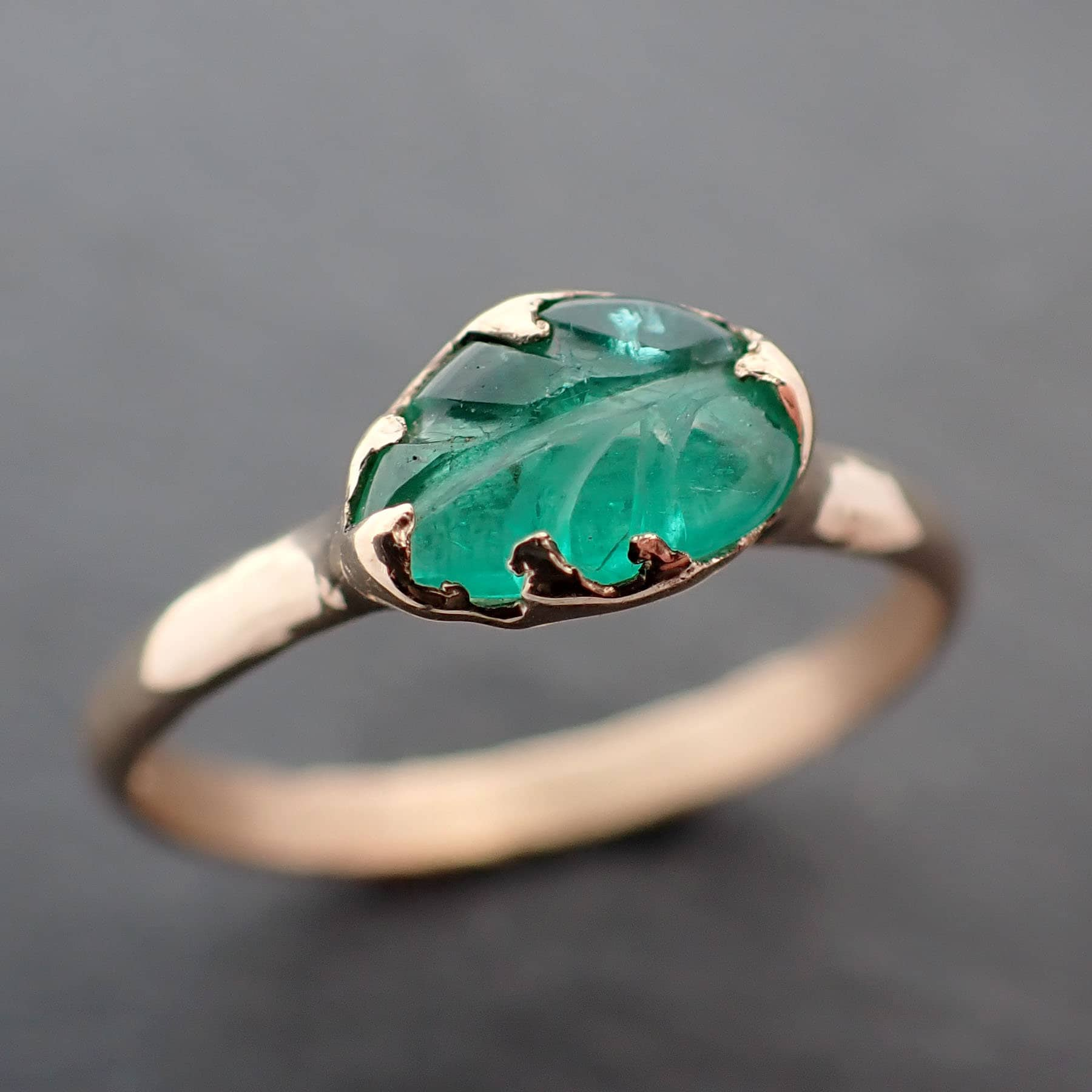 Carved Leaf Emerald Solitaire yellow 14k Gold Ring Birthstone One Of a Kind Gemstone Ring Recycled 3384