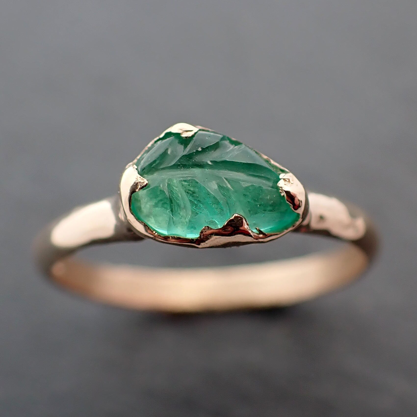 Carved Leaf Emerald Solitaire yellow 14k Gold Ring Birthstone One Of a Kind Gemstone Ring Recycled 3459