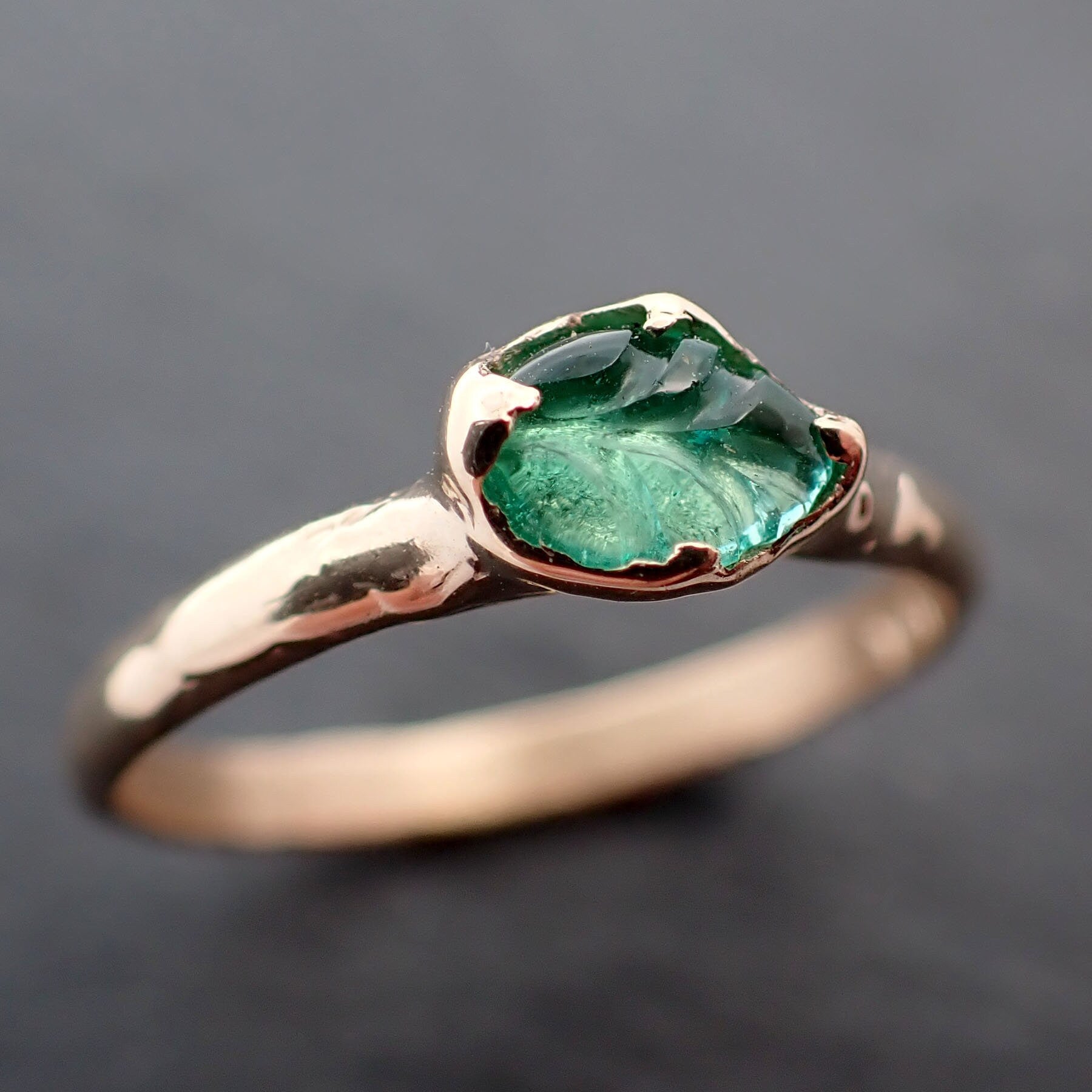 Carved Leaf Emerald Solitaire yellow 14k Gold Ring Birthstone One Of a Kind Gemstone Ring Recycled 3387
