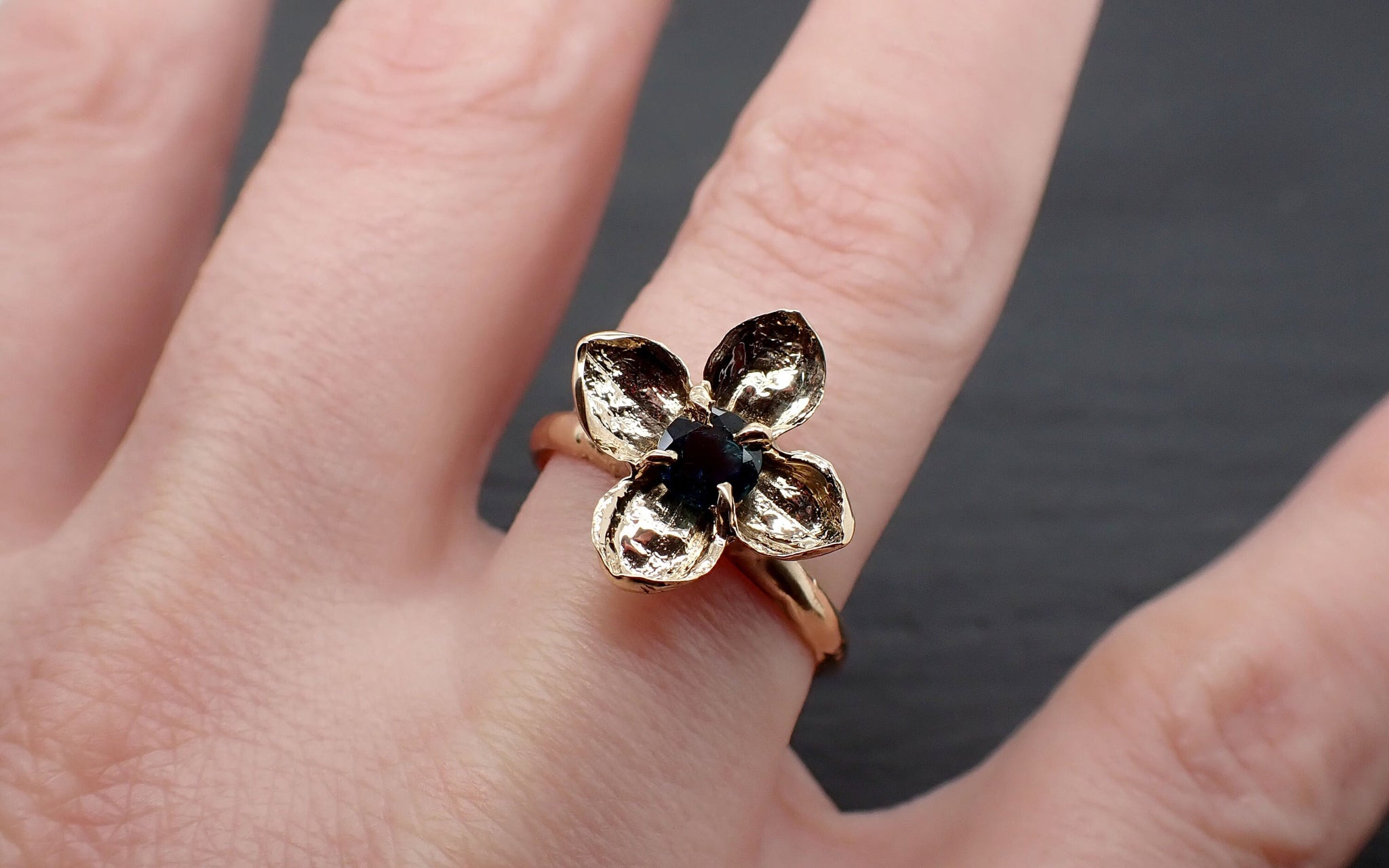 Real Lilac Flower casting with faceted Sapphire 14k Yellow gold Solitaire Enchanted Garden Floral Ring byAngeline 3393