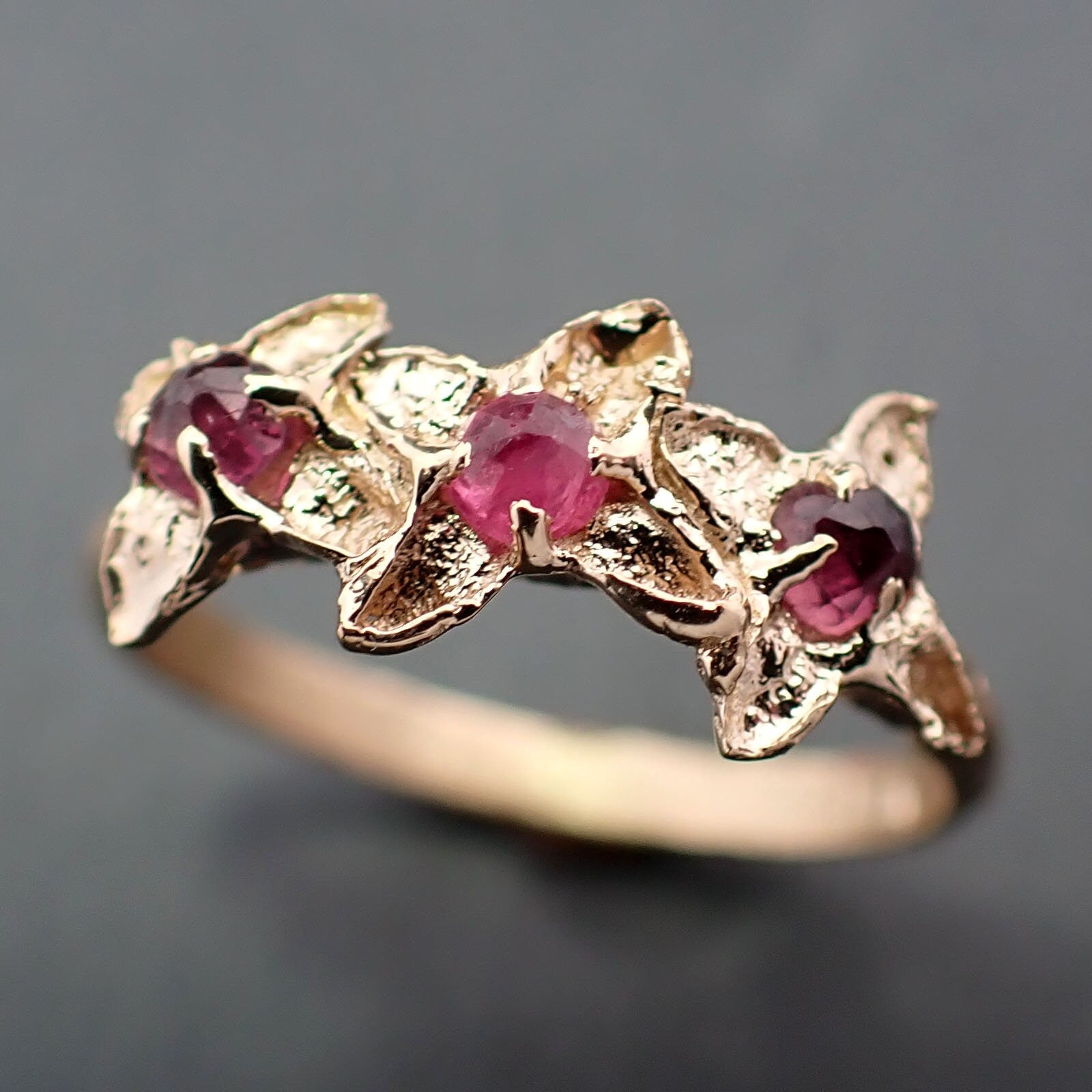 Real Lilac Flower casting with faceted Rubies 14k Yellow gold multi stone Enchanted Garden Floral Ring byAngeline 3375