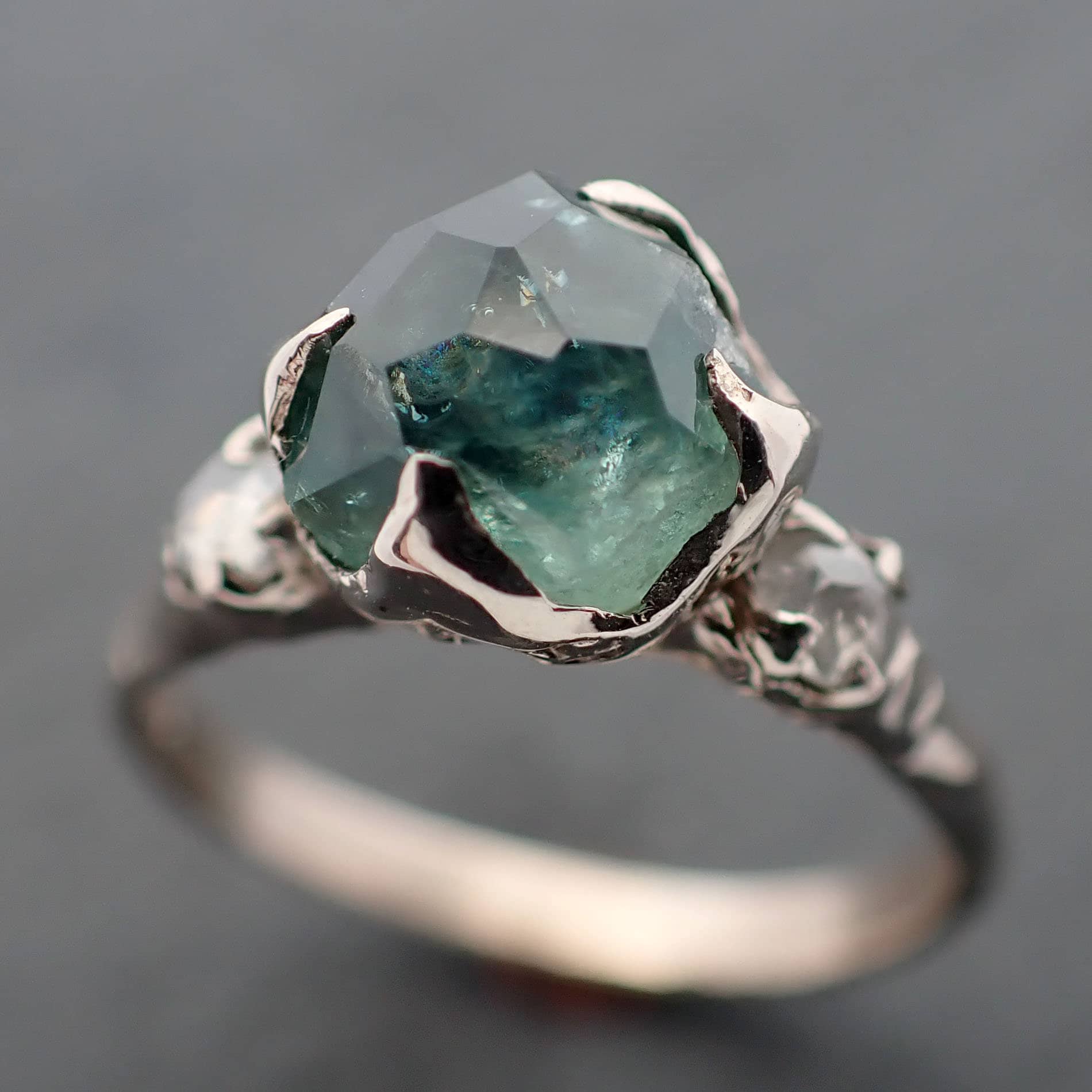 Partially faceted blue green Montana Sapphire and fancy Diamonds 14k White Gold Engagement Wedding Custom Gemstone Multi stone Ring 3597