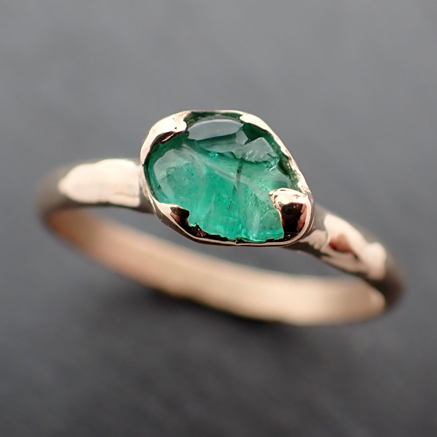 Carved Leaf Emerald Solitaire yellow 14k Gold Ring Birthstone One Of a Kind Gemstone Ring Recycled 3383