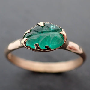 Carved Leaf Emerald Solitaire yellow 14k Gold Ring Birthstone One Of a Kind Gemstone Ring Recycled 3384