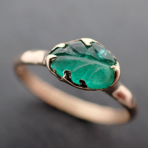 Carved Leaf Emerald Solitaire yellow 14k Gold Ring Birthstone One Of a Kind Gemstone Ring Recycled 3384