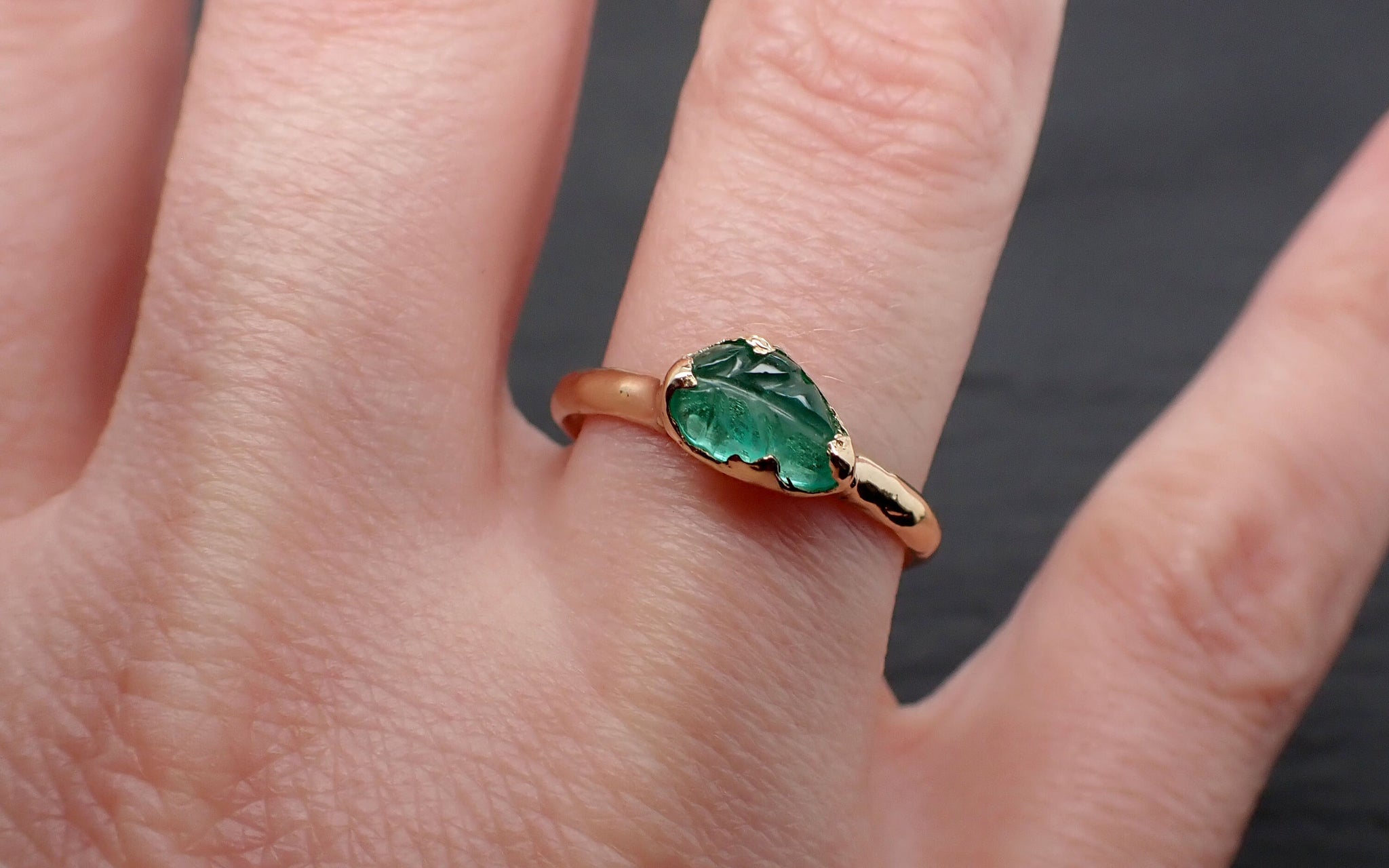 Carved Leaf Emerald Solitaire yellow 14k Gold Ring Birthstone One Of a Kind Gemstone Ring Recycled 3459
