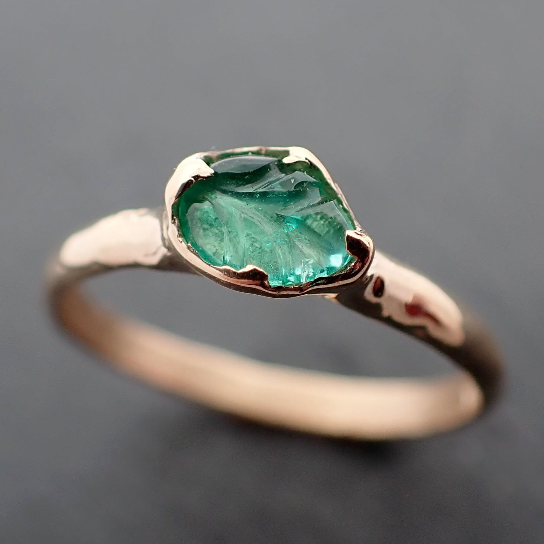 Carved Leaf Emerald Solitaire yellow 14k Gold Ring Birthstone One Of a Kind Gemstone Ring Recycled 3387