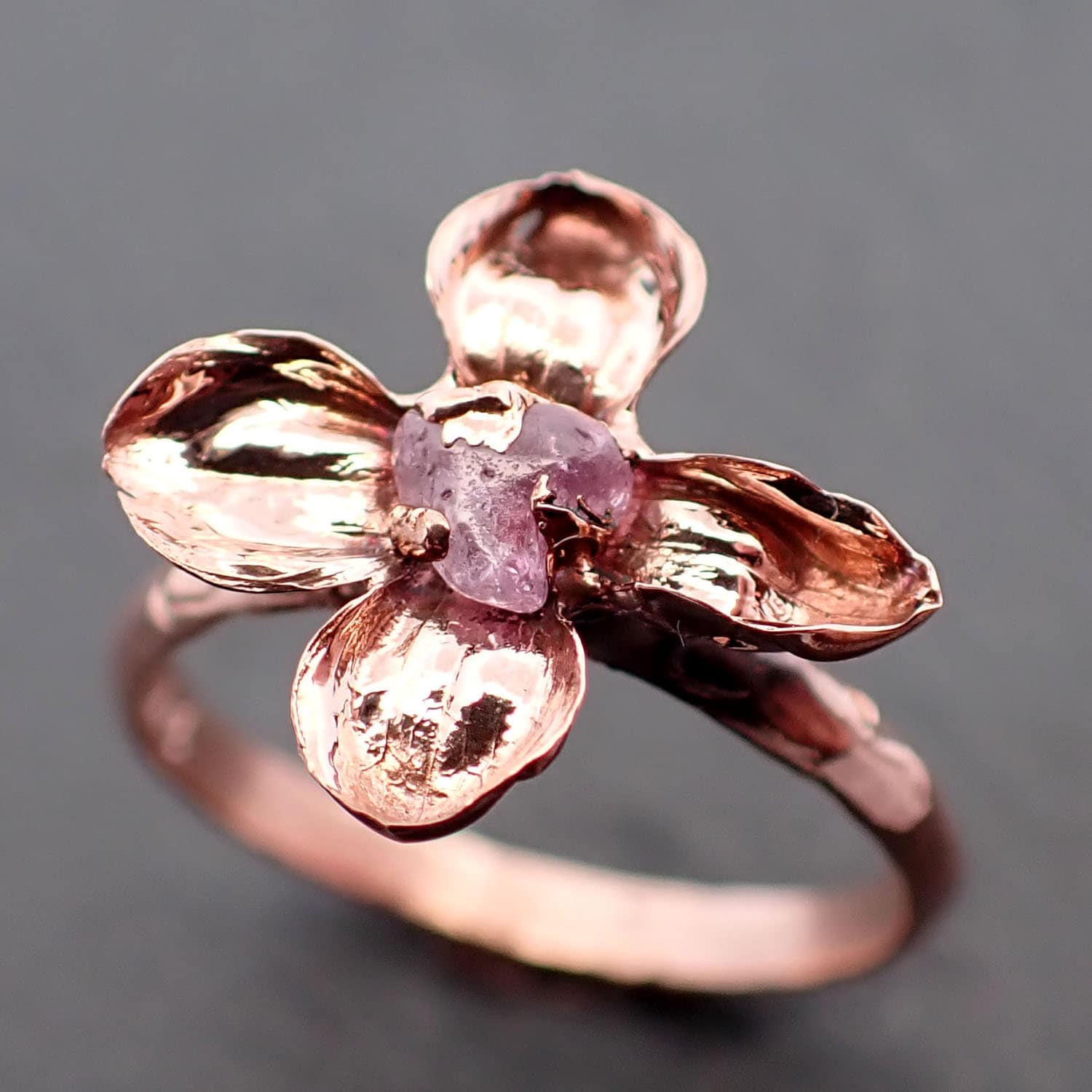 Real Flower and pink Sapphire 14k Rose gold wedding engagement ring Enchanted Garden Floral Ring byAngeline 3391