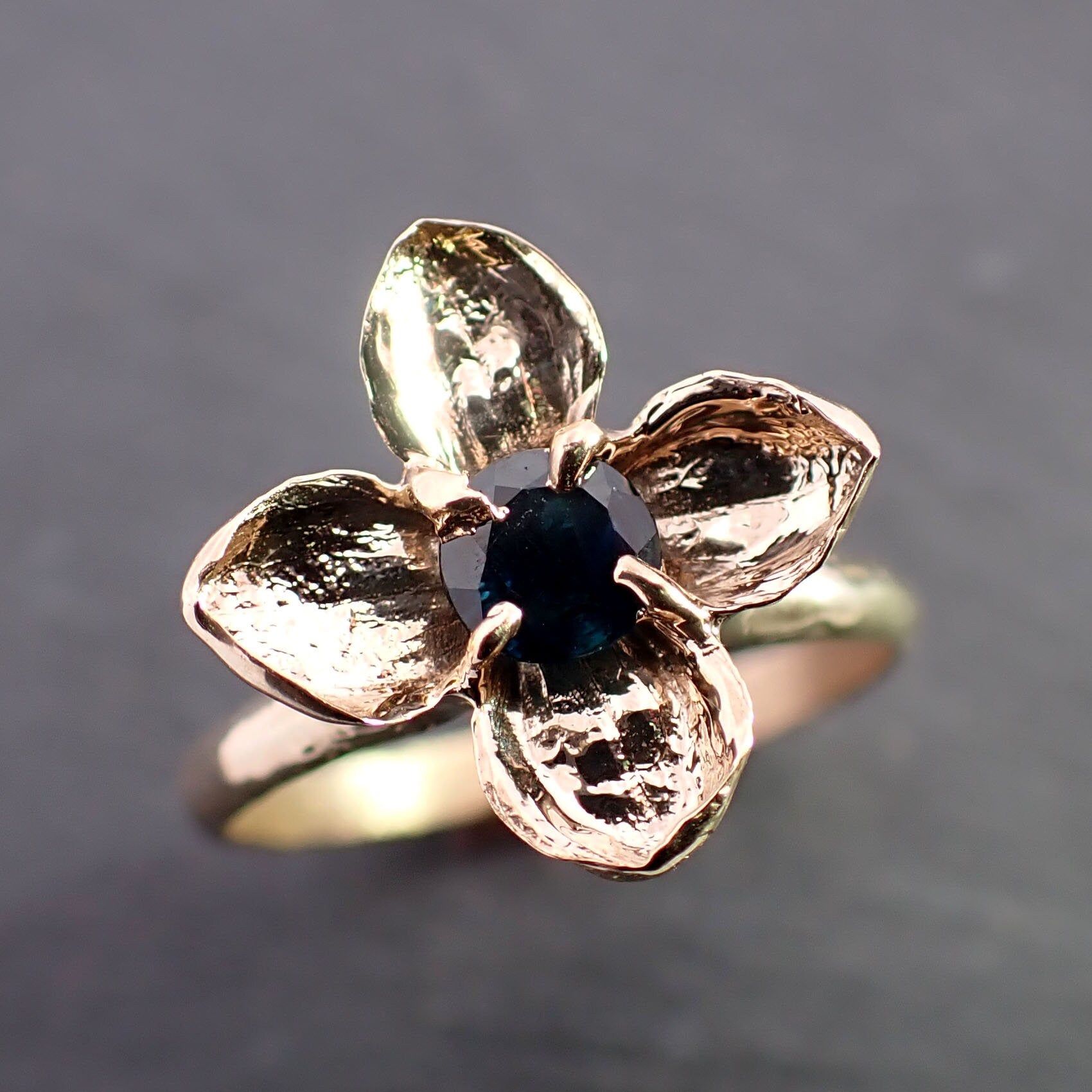 Real Lilac Flower casting with faceted Sapphire 14k Yellow gold Solitaire Enchanted Garden Floral Ring byAngeline 3393