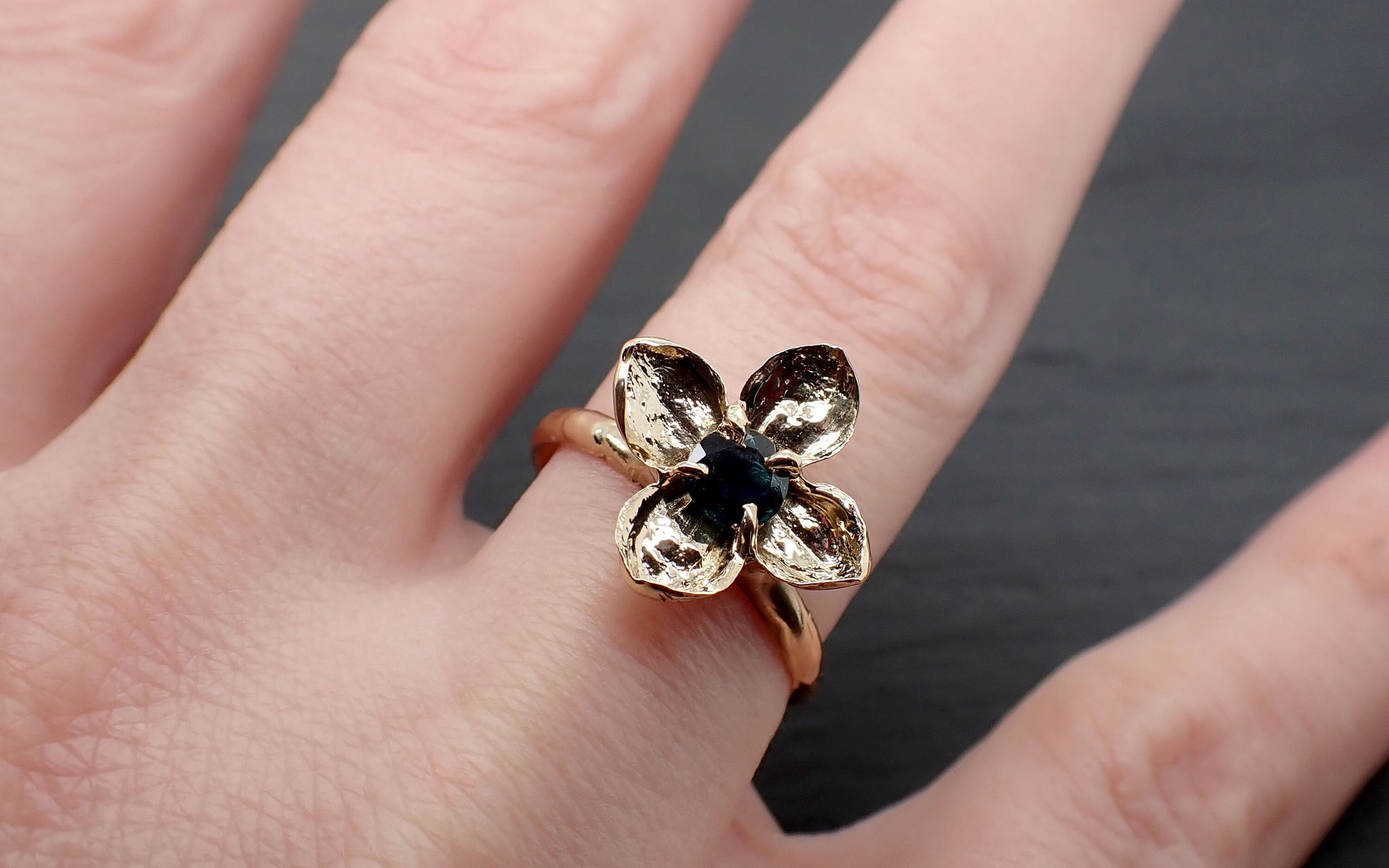 Real Lilac Flower casting with faceted Sapphire 14k Yellow gold Solitaire Enchanted Garden Floral Ring byAngeline 3393