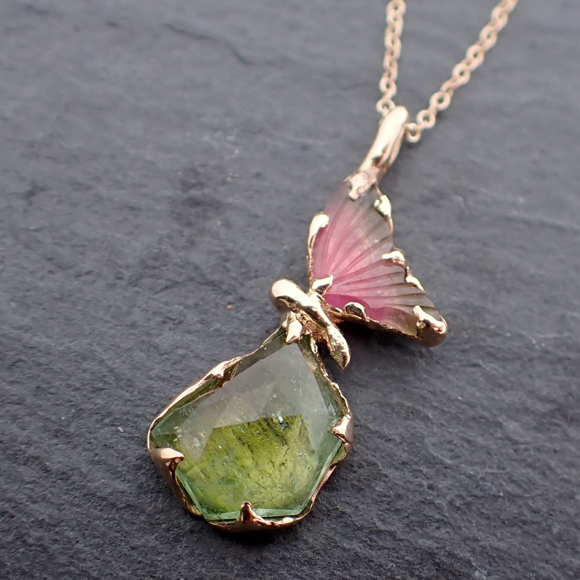 Pink / green Tourmaline pendant Butterfly / 14k Yellow Gold pendant One Of a Kind Gemstone Bespoke byAngeline 3403
