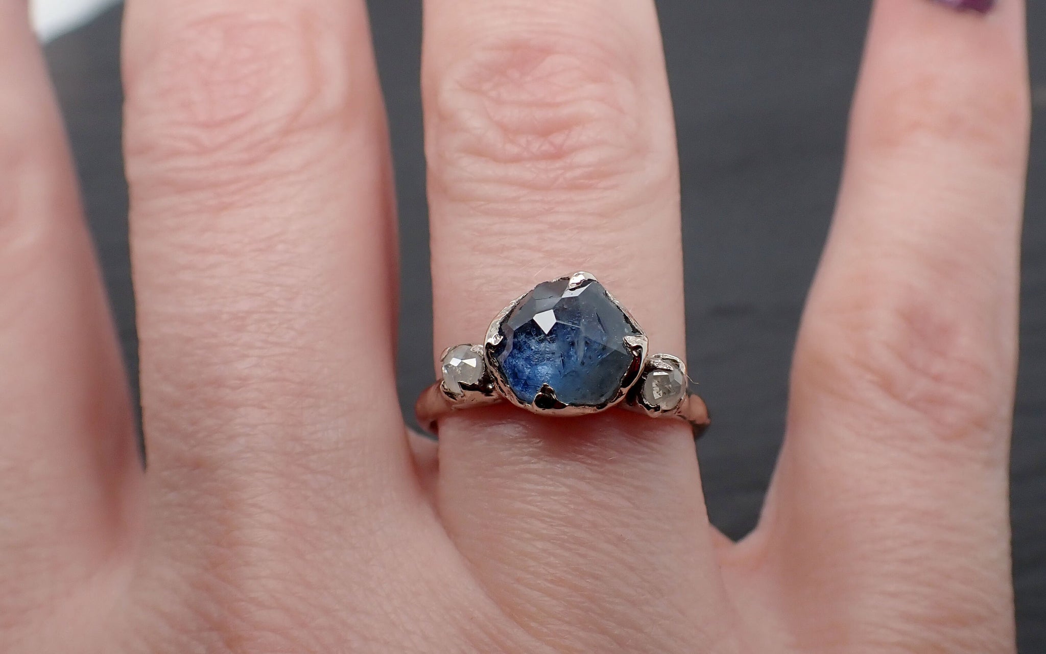 Partially faceted blue Montana Sapphire and fancy Diamonds 14k White Gold Engagement Wedding Ring Custom Gemstone Ring Multi stone Ring 3396
