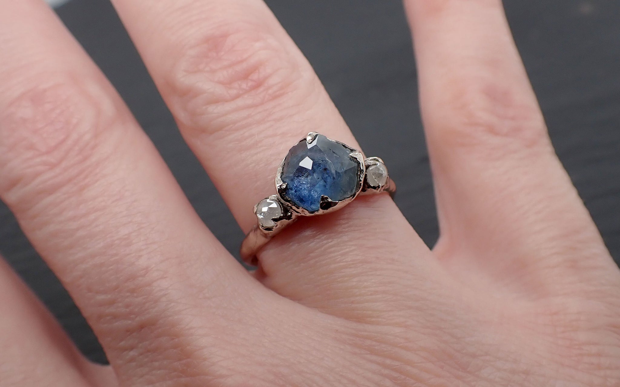 Partially faceted blue Montana Sapphire and fancy Diamonds 14k White Gold Engagement Wedding Ring Custom Gemstone Ring Multi stone Ring 3396