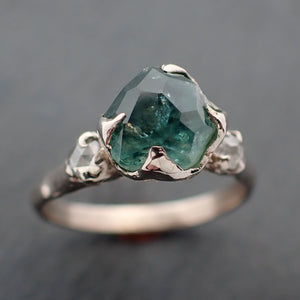 Partially faceted blue green Montana Sapphire and fancy Diamonds 14k White Gold Engagement Wedding Custom Gemstone Multi stone Ring 3597
