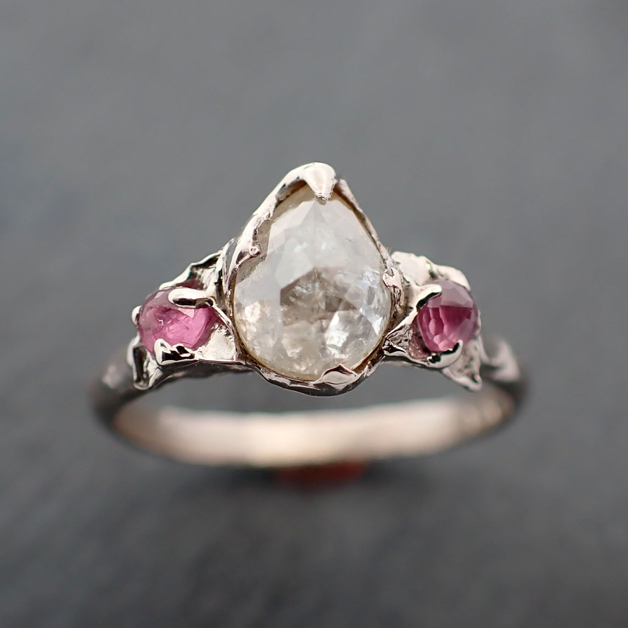 Faceted Fancy cut white Diamond and ruby multi stone Engagement 14k White Gold Lilac setting Wedding Ring 3395