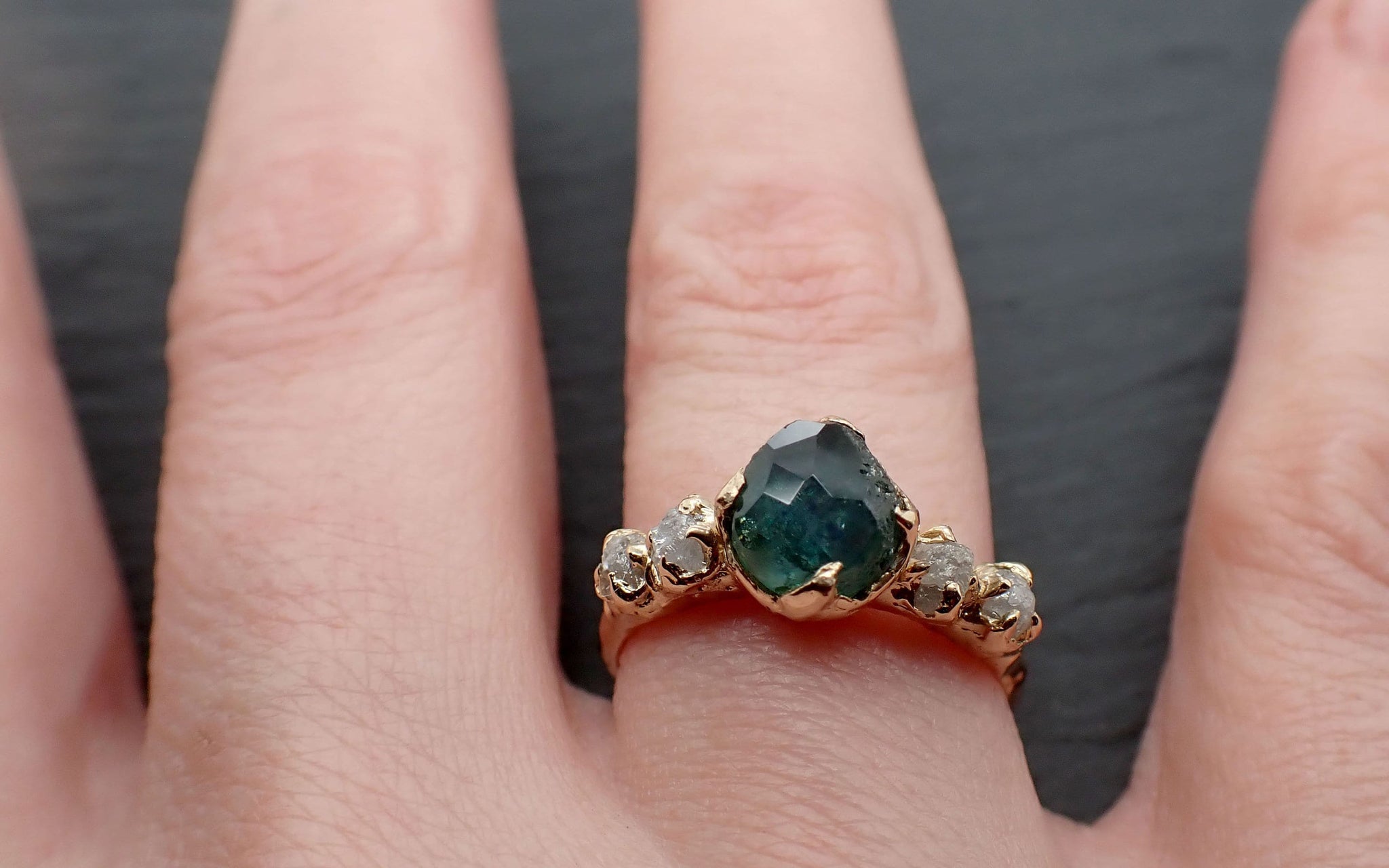 Partially faceted green Montana Sapphire and fancy Diamonds 14k Yellow Gold Engagement Wedding Ring Gemstone Ring Multi stone Ring 3405