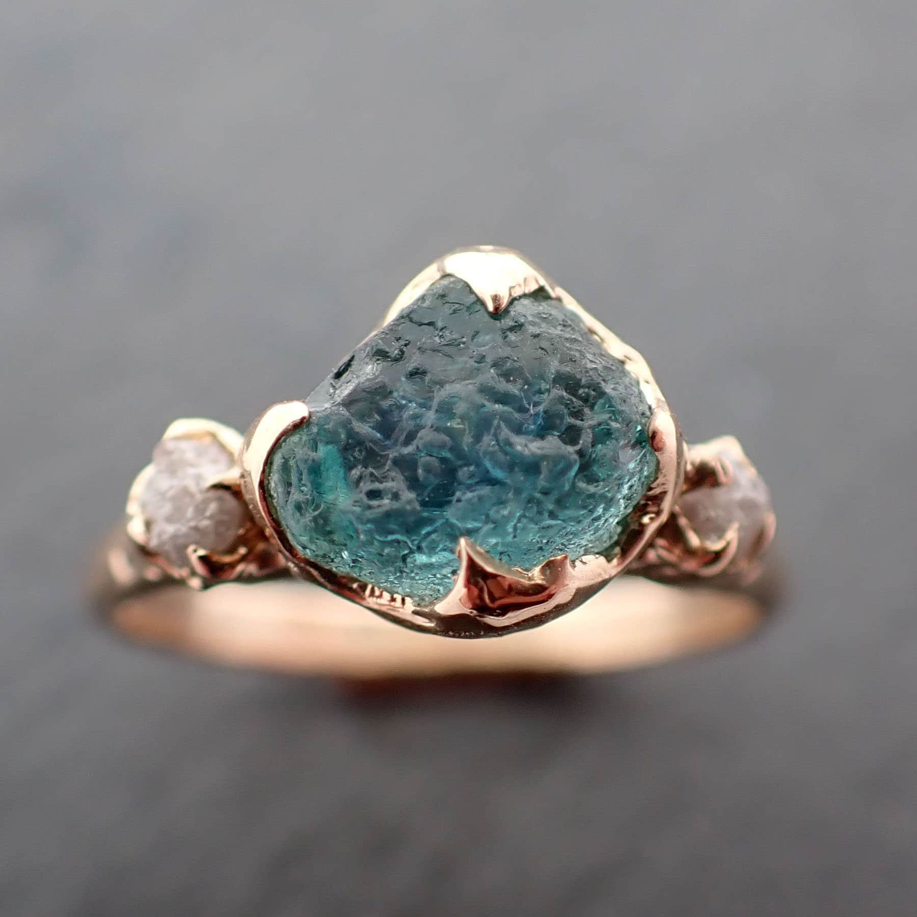 Raw blue green Montana Sapphire and rough diamonds Yellow 14k Gold Engagement Wedding Gemstone Multi stone 3407