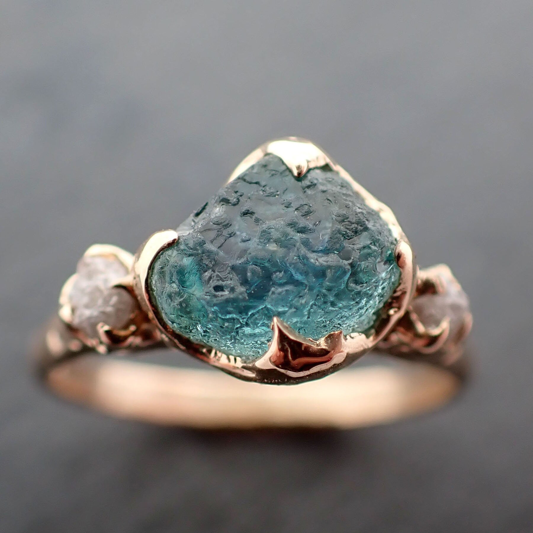 Raw blue green Montana Sapphire and rough diamonds Yellow 14k Gold Engagement Wedding Gemstone Multi stone 3407