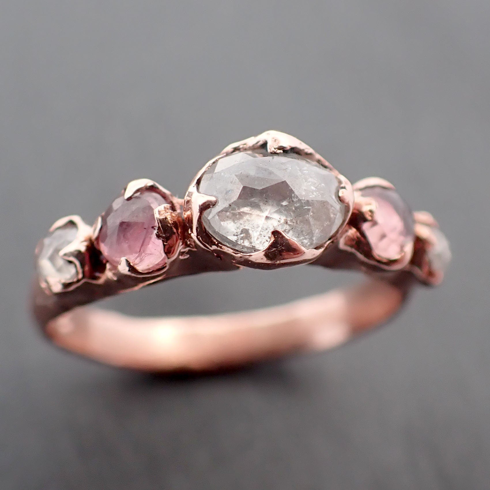 5 stone Fancy cut Diamond and Ruby Engagement Ring 14k Rose Gold Multi stone Wedding byAngeline 3420