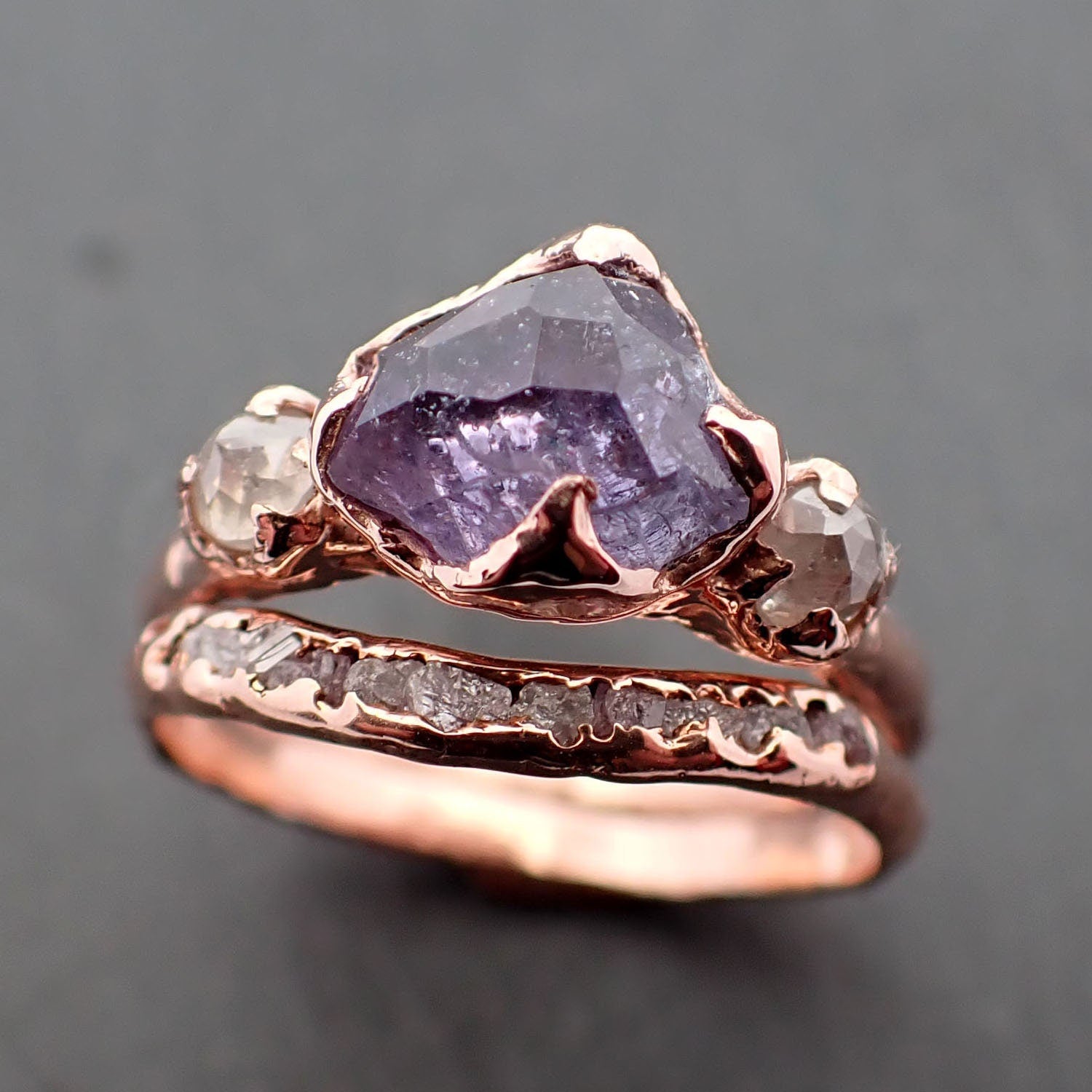 Partially Faceted Sapphire Raw Multi stone Rough Diamond 14k rose Gold Engagement Ring Wedding Ring Custom One Of a Kind Gemstone Ring 3423