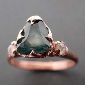 Partially faceted blue green Montana Sapphire and fancy Diamonds 14k Rose Gold Engagement Wedding Ring Gemstone Ring Multi stone Ring 3425