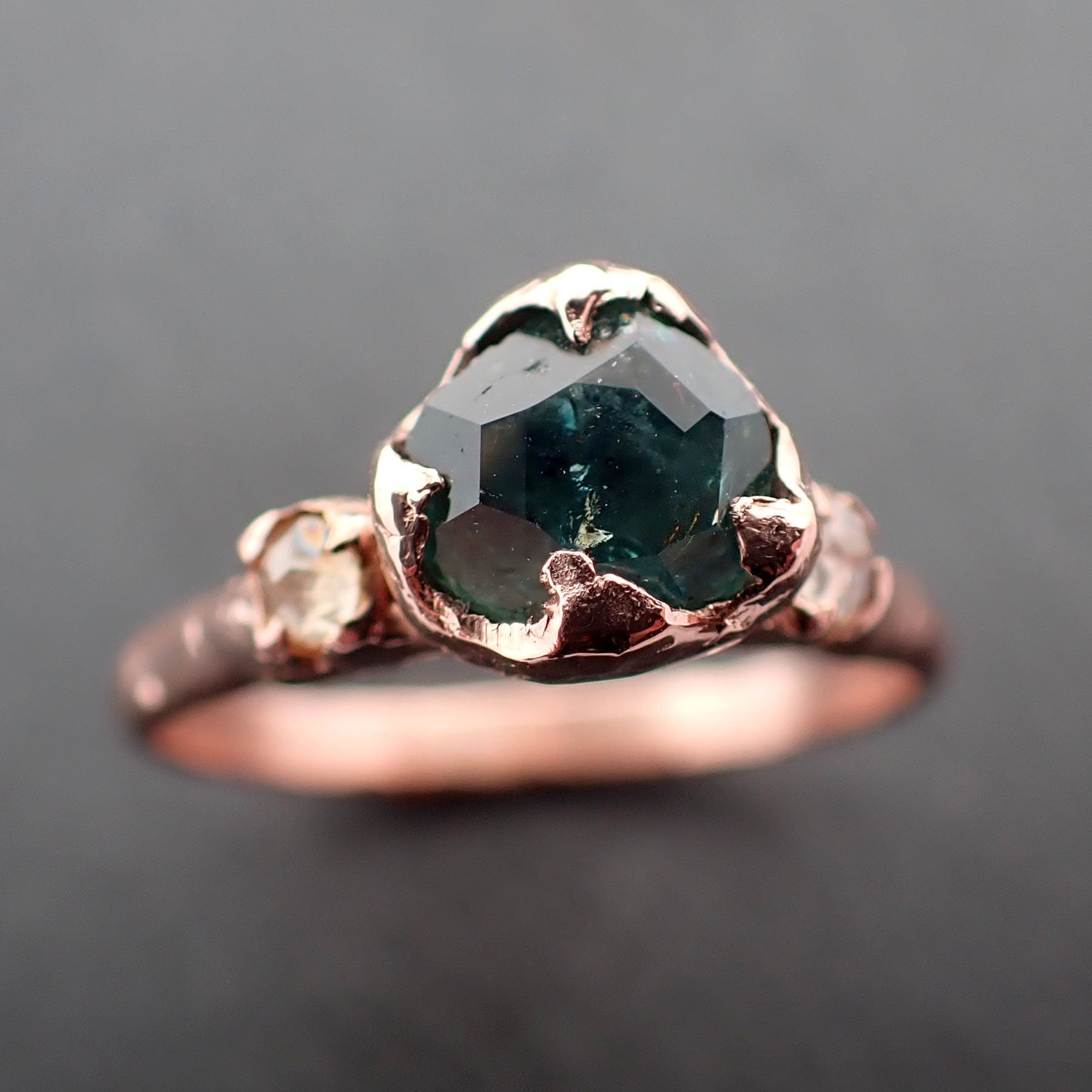 Partially faceted blue green Montana Sapphire and fancy Diamonds 14k Rose Gold Engagement Wedding Ring Gemstone Ring Multi stone Ring 3427