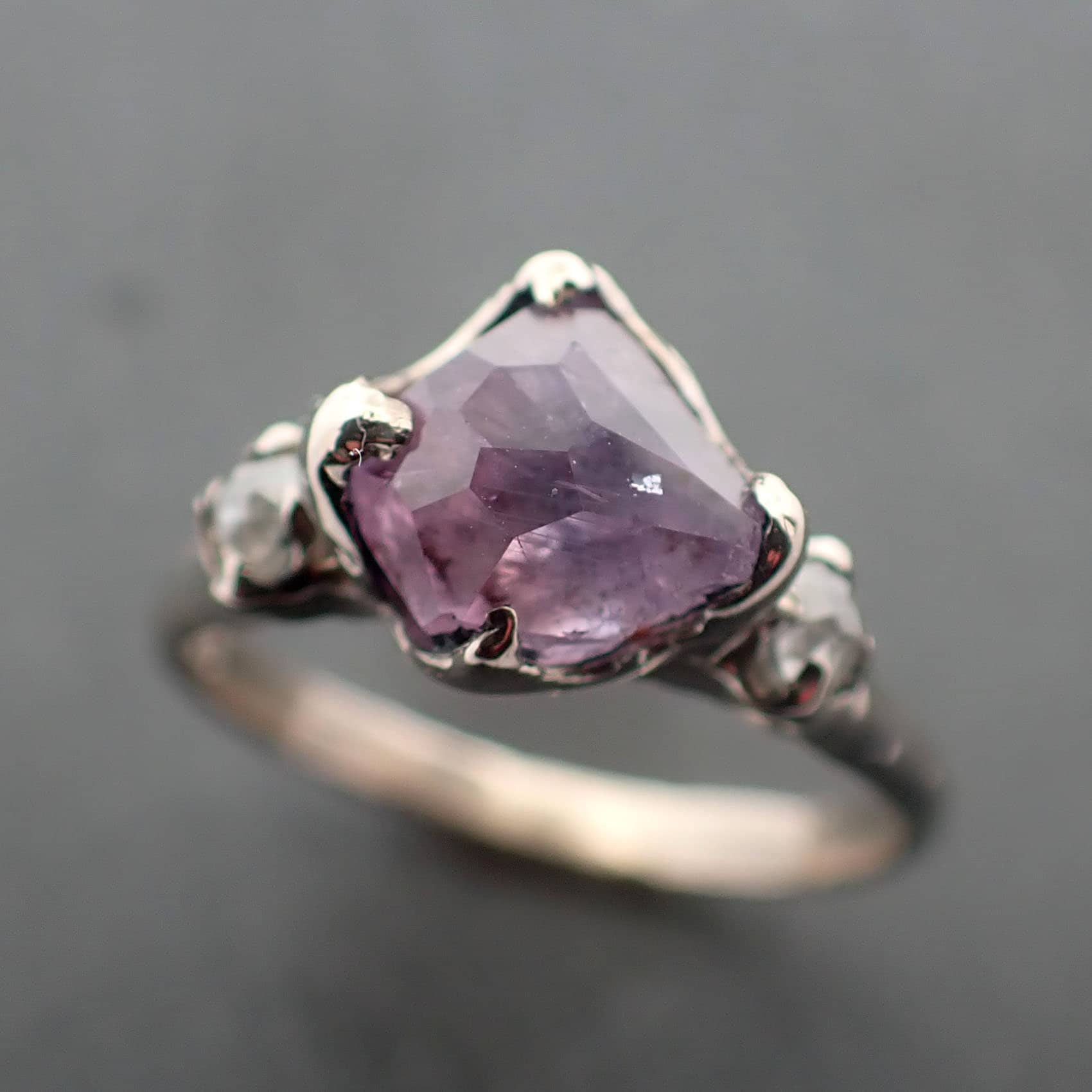Partially Faceted Purple Sapphire with side diamonds Multi stone 14k White Gold Engagement Ring Wedding Ring Custom Gemstone Ring 3430