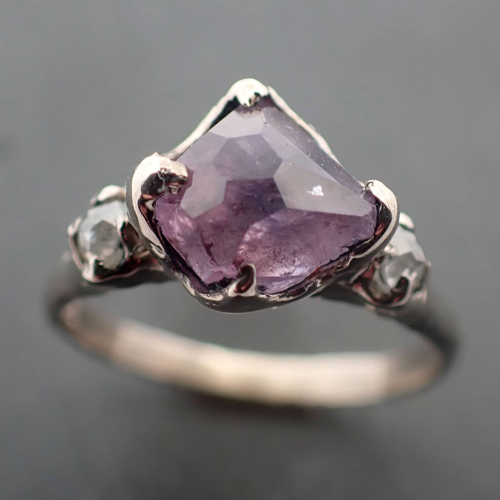 Partially Faceted Purple Sapphire with side diamonds Multi stone 14k White Gold Engagement Ring Wedding Ring Custom Gemstone Ring 3430