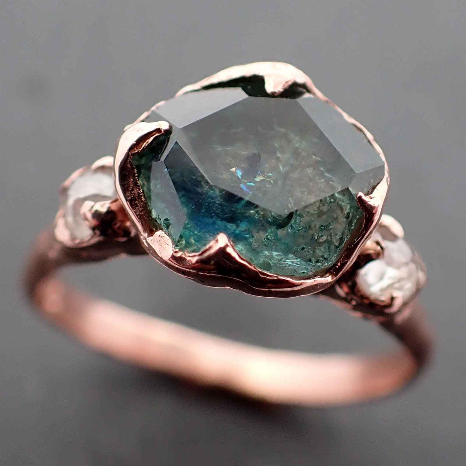 Partially faceted blue green Montana Sapphire and fancy Diamonds 14k Rose Gold Engagement Wedding Ring Gemstone Ring Multi stone Ring 3424
