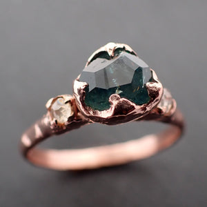 Partially faceted blue green Montana Sapphire and fancy Diamonds 14k Rose Gold Engagement Wedding Ring Gemstone Ring Multi stone Ring 3427