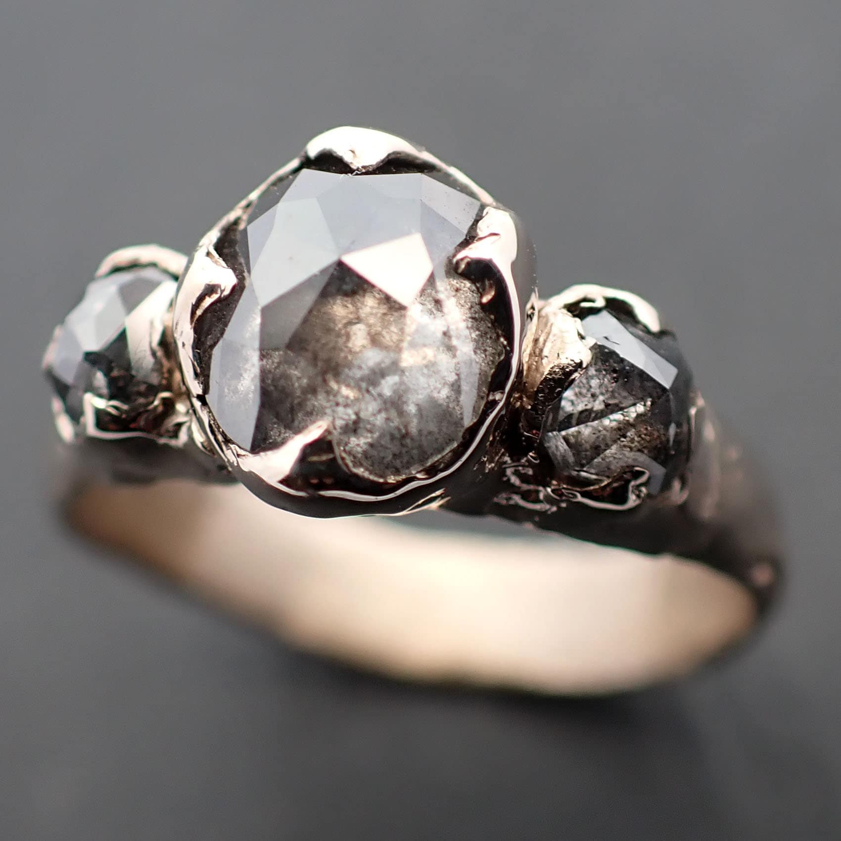 Fancy cut salt and pepper Diamond Multi stone Engagement 18k White Gold Wedding Ring Rough Diamond Ring byAngeline 3441