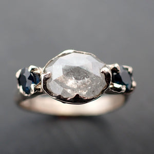 Faceted Fancy cut white Diamond and blue sapphire Multi stone Engagement 18k White Gold Wedding Ring byAngeline 3436