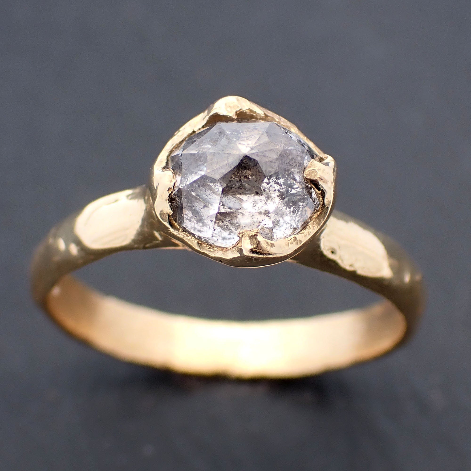 Faceted Fancy cut Salt and Pepper Diamond Solitaire Engagement 18k Yellow Gold Wedding Ring byAngeline 3448