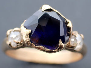 Partially Faceted ultra violet Sapphire 18k Yellow gold Multi Stone Gemstone Engagement Ring 3451