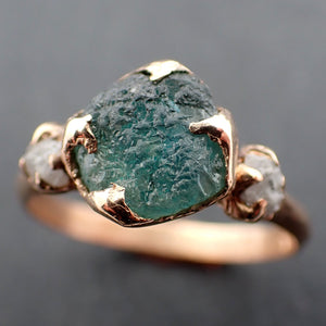Raw blue green Montana Sapphire and rough diamonds Yellow 14k Gold Engagement Wedding Gemstone Multi stone 3457