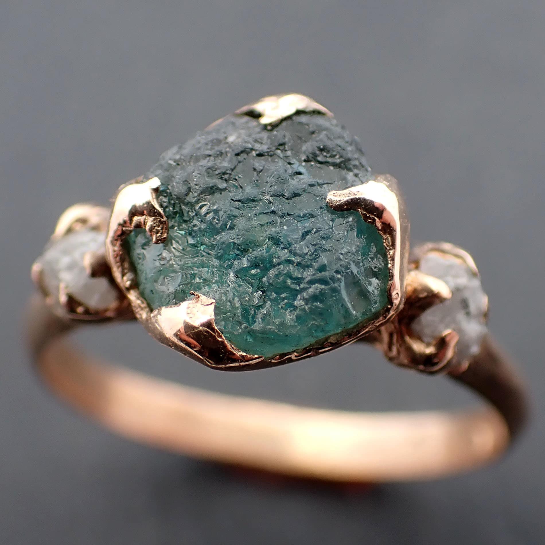 Raw blue green Montana Sapphire and rough diamonds Yellow 14k Gold Engagement Wedding Gemstone Multi stone 3457