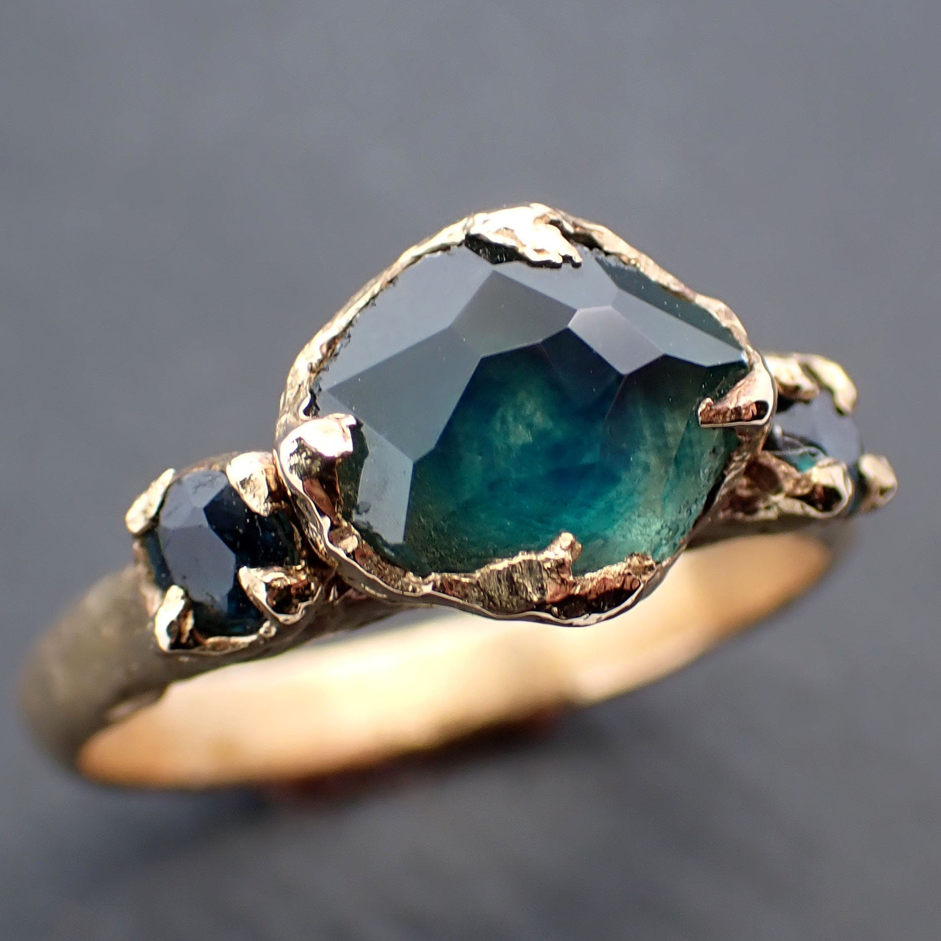 Partially faceted blue Montana Sapphire and fancy sapphires 18k Yellow Gold Engagement Wedding Ring Gemstone Ring Multi stone Ring 3455