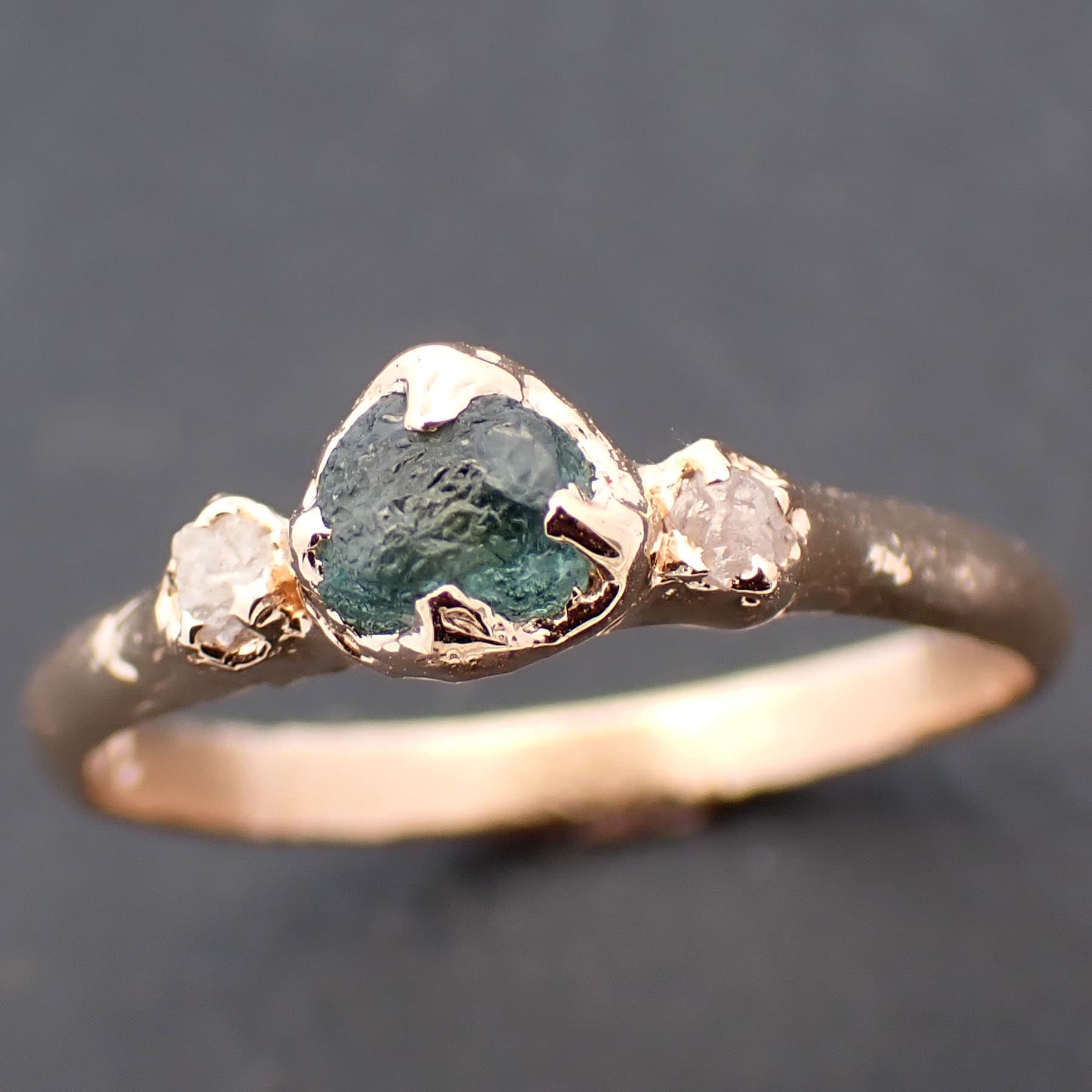 Dainty Raw green Montana Sapphire and rough diamonds Yellow 14k Gold Engagement Wedding Gemstone Multi stone ring 3460
