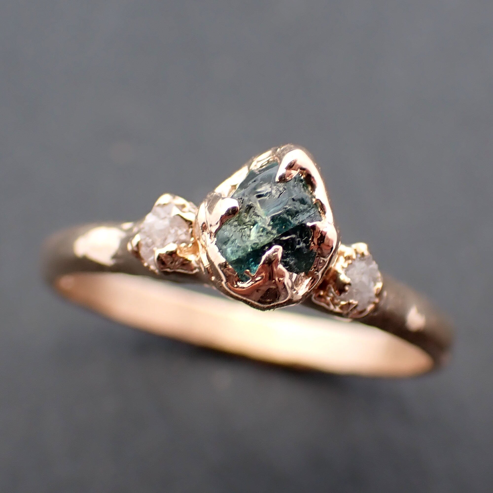 Dainty Raw green Montana Sapphire and rough diamonds Yellow 14k Gold Engagement Wedding Gemstone Multi stone ring 3462