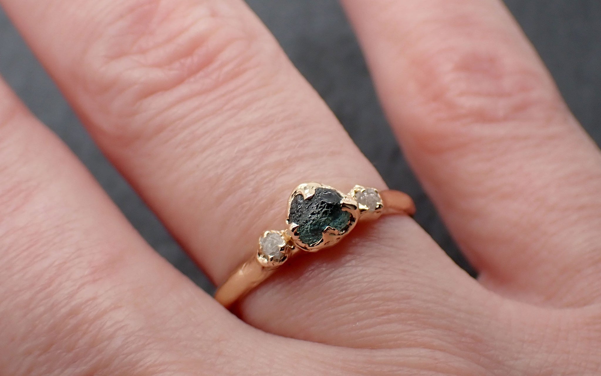 Dainty Raw green Montana Sapphire and rough diamonds Yellow 14k Gold Engagement Wedding Gemstone Multi stone ring 3460