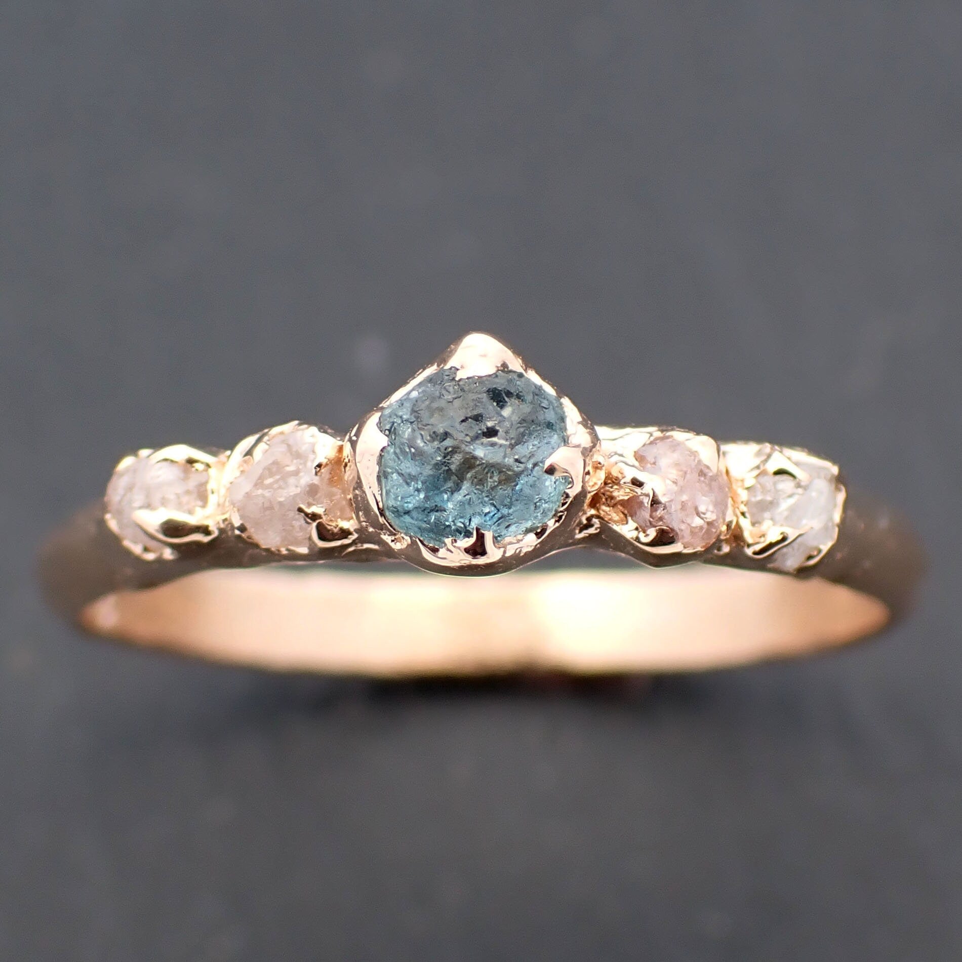 Dainty Raw green Montana Sapphire and rough diamonds Yellow 14k Gold Engagement Wedding Gemstone Multi stone ring 3463