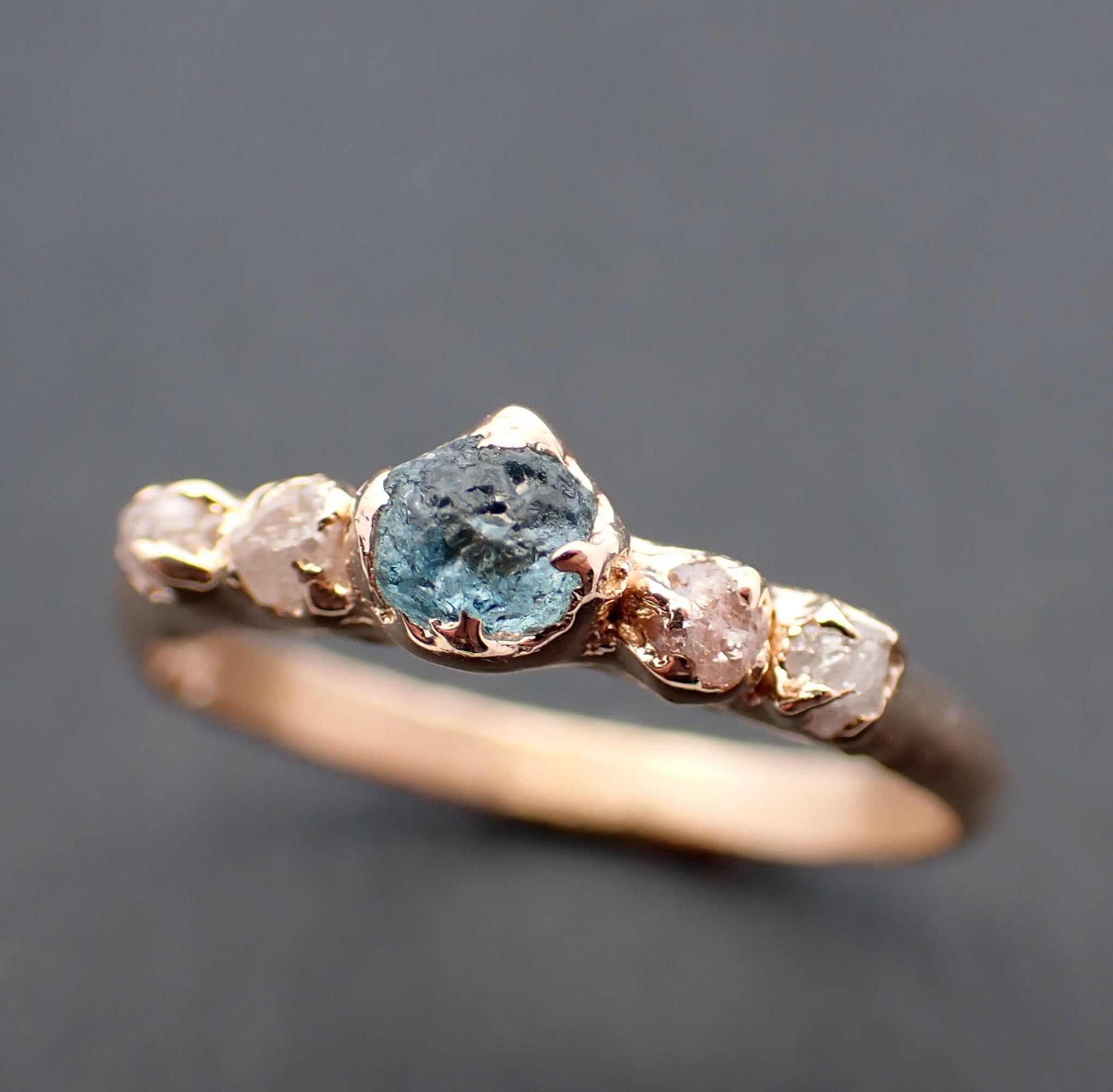 Dainty Raw green Montana Sapphire and rough diamonds Yellow 14k Gold Engagement Wedding Gemstone Multi stone ring 3463