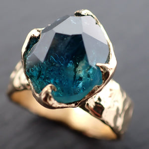 Partially faceted blue Montana Sapphire 18k Yellow Gold Solitaire Engagement Anniversary Special gift Gemstone Ring 2984
